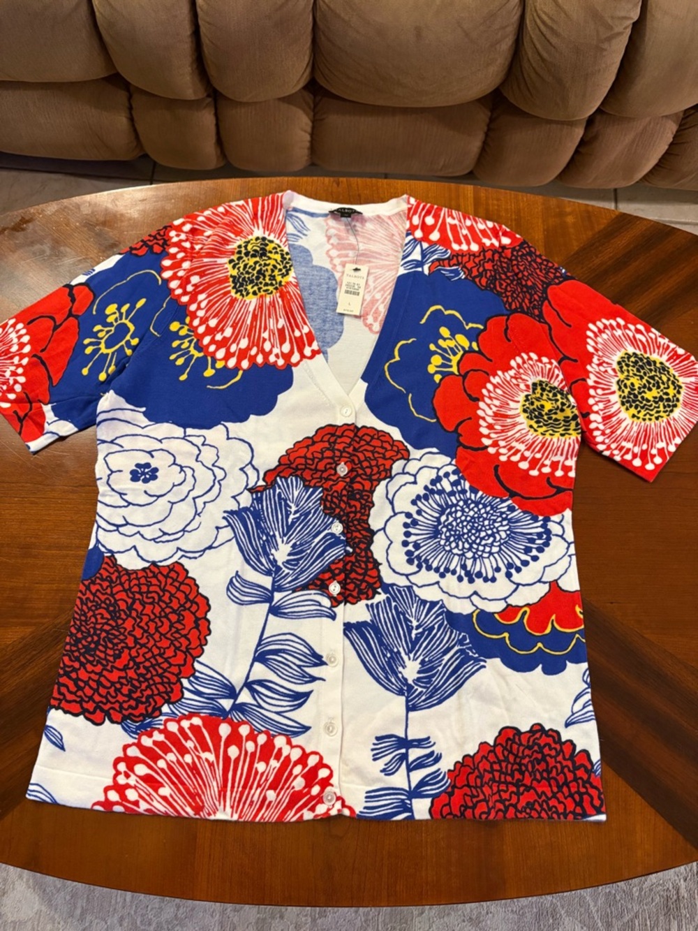 Talbots Women’s Bold Floral Short-Sleeved Button Cardigan - Red, Blue & White